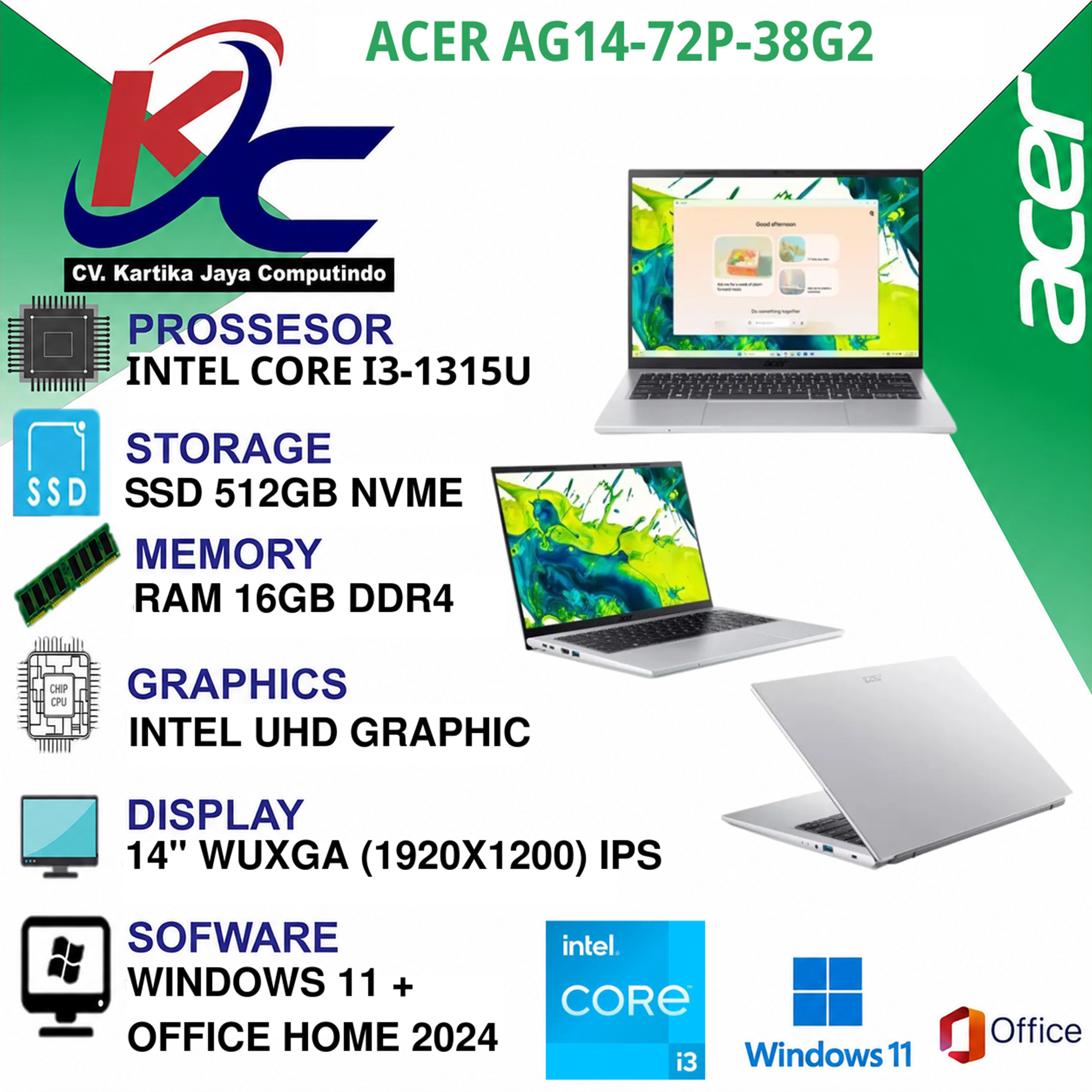 ACER AG14-72P-38G2  I3-1315U/ 16GB/ SSD512/ IPS/ W11 OHS+M365 SILVER